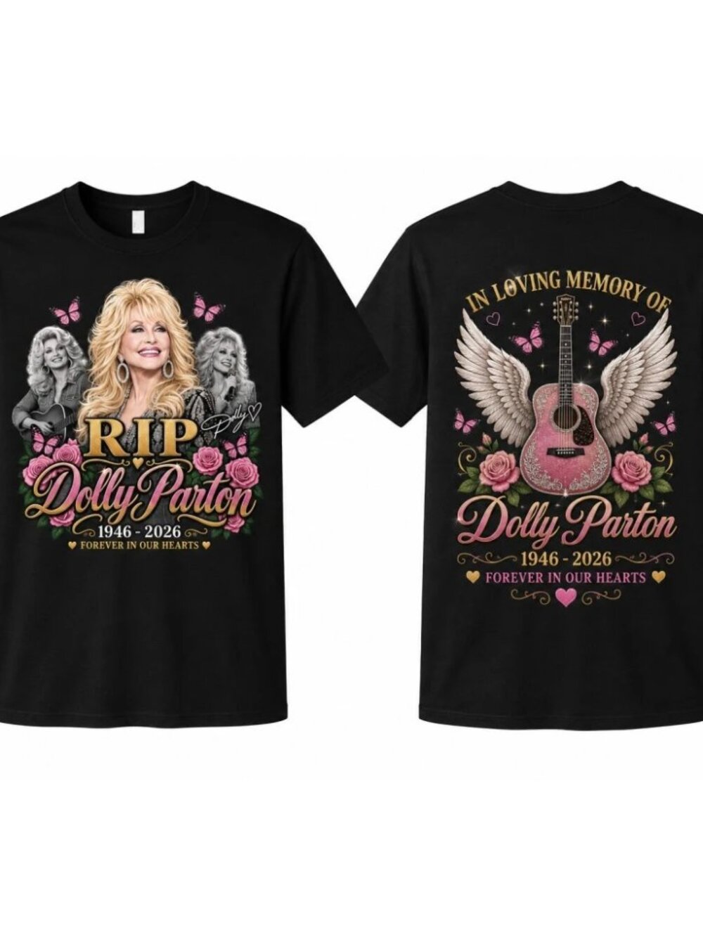RIP Dolly Parton 1946-2026 In Loving Memory Guitar 2-Sided T-Shirt